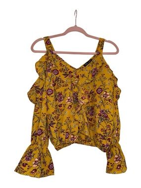 Moa Moa Mustard Floral Cold-Shoulder Blouse with ruffles! Size small. Euc. :)